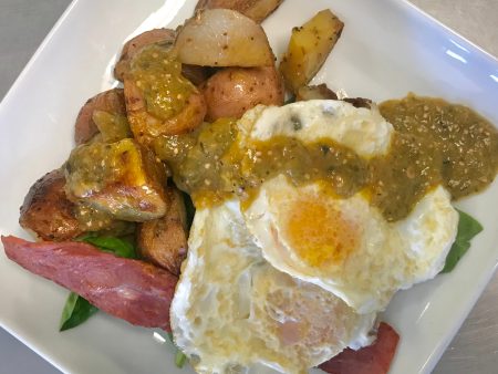 Roasted Red Potato Hash, Turkey Bacon, Eggs and Verde Sauce on Sale