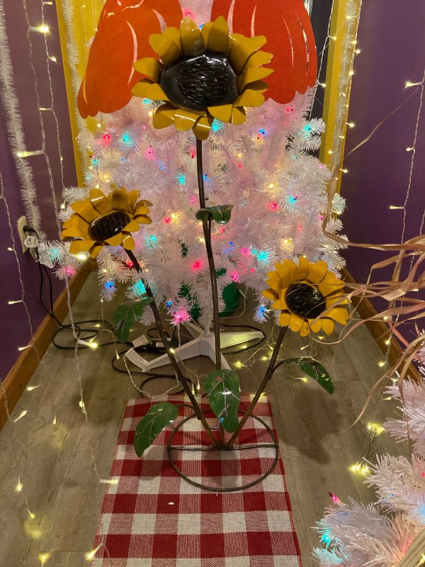 (*sold 10 25) (Large) Triple Sunflower w  Butterfly 45” Tall - Metal Yard Art on Sale