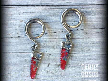 Bloodied bone saw halloween gauged earrings For Sale