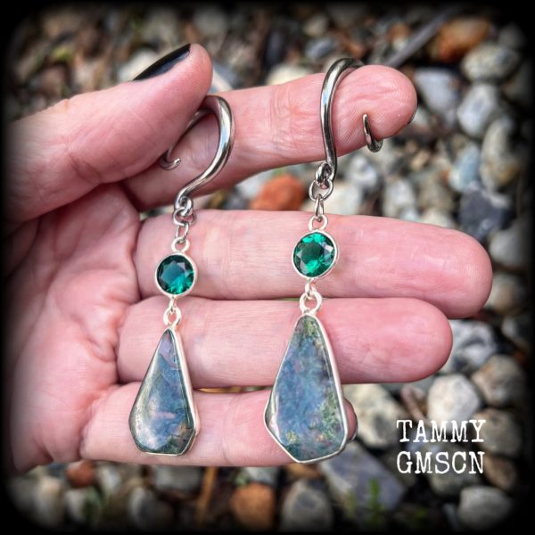 Moss jasper gauged earrings-Gemstone ear hangers Online now