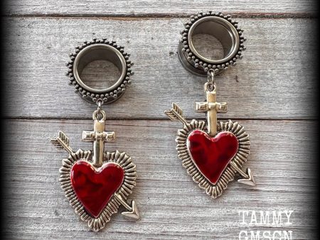 Red sacred heart tunnel earrings-Gothic tunnel dangles For Cheap