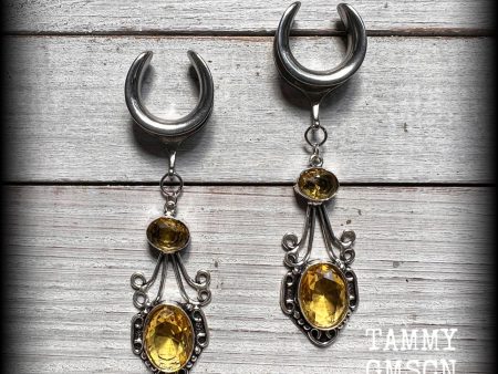 Yellow citrine gauged earrings-Gemstone ear weights-Hanging gauges Online