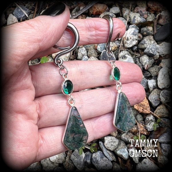 Moss jasper gauged earrings-Gemstone ear hangers Online now