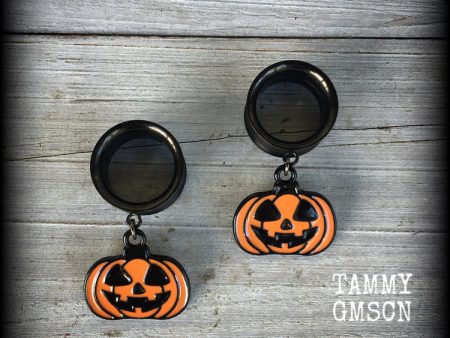 Jack O  Lantern tunnel earrings- Halloween pumpkin ear gauges For Sale