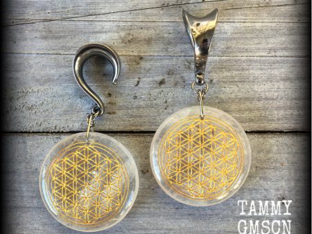 Clear quartz gemstone flower of life gauged earrings Sale