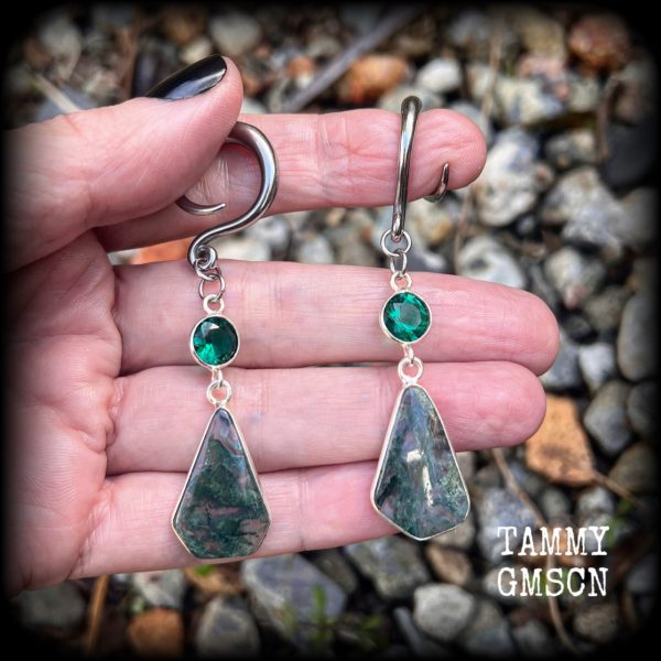 Moss jasper gauged earrings-Gemstone ear hangers Online now