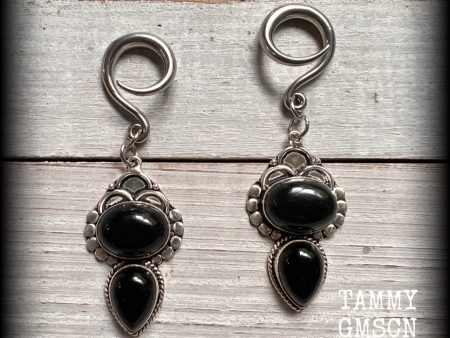 Black obsidian gauged earrings-Gemstone ear weights Sale