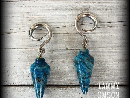 Blue ocean jasper gauged earrings-Gemstone ear hangers Cheap