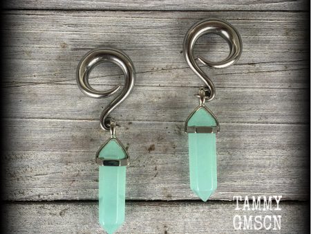 Blue jade gauged earrings-Gemstone ear hangers on Sale