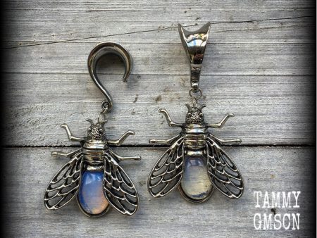 Opalite and antique silver insect gauged earrings Online Sale