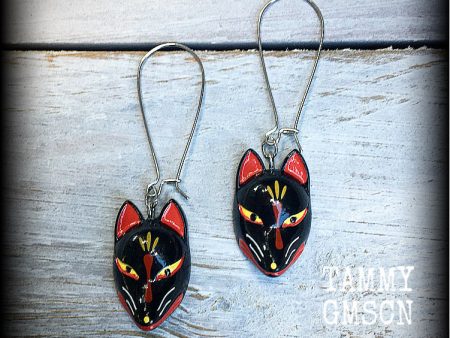 Black kitsune mask earrings-Japanese fox earrings Online Sale