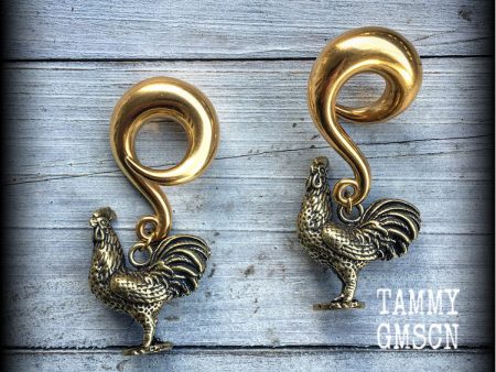 Brass rooster ear weights-Gauged earrings on Sale