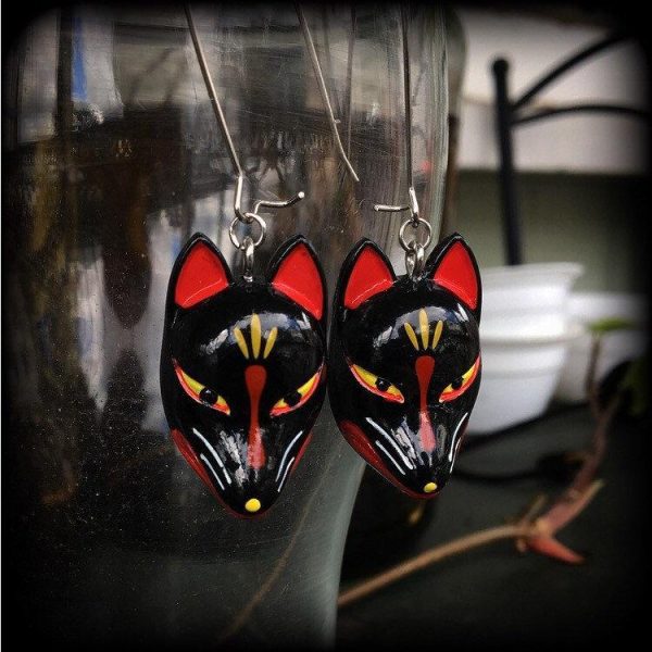 Black kitsune mask earrings-Japanese fox earrings Online Sale